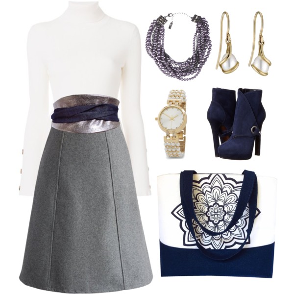 metallic leather wrap belt from Holland Cox with a gray skirt