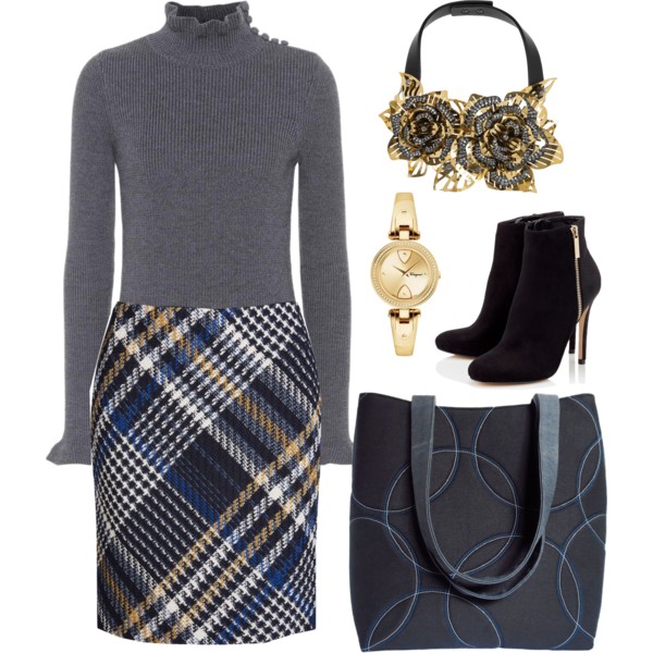 the sofia tote from Holland Cox with a plaid skirt