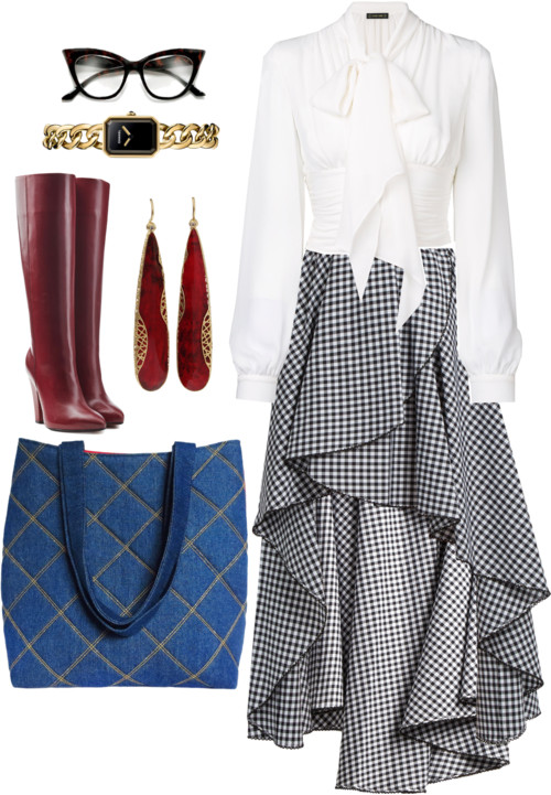 denim 517 tote from Holland Cox with ruffly maxi skirt and blouse
