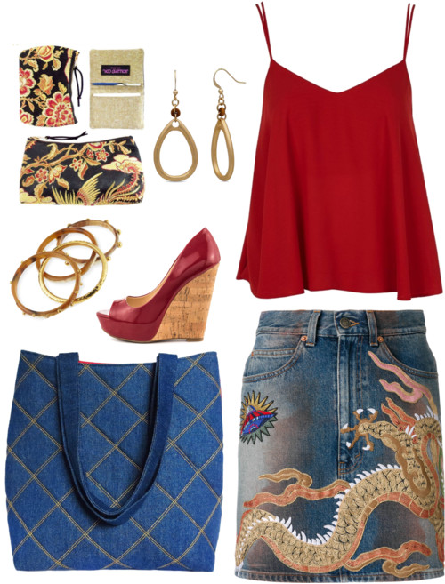 denim 517 tote with embroidered mini skirt and tank top