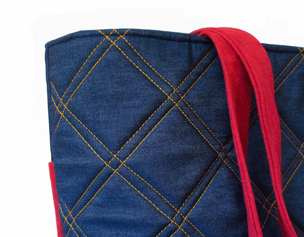 close up of gold windowpane check stitched in dark blue denim