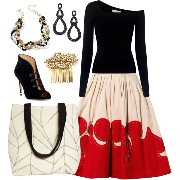 the cassandra tote with a circle skirt and black sweater
