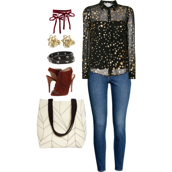 the cassandra tote with a metallic black and gold blouse and jeans