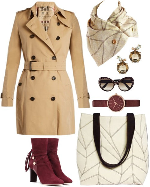 outfit idea for the cassandra scarf: a classic trench coat, the cassandra 517 tote, and red suede boots.