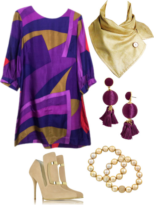 bold purple print dress with a gold button scarf from Holland Cox