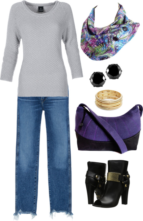 purple book marble button scarf with a gray sweater and jeans