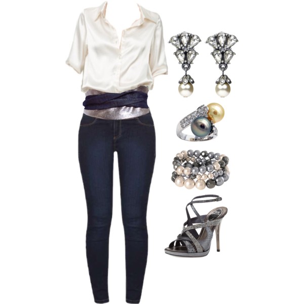 metallic leather wrap belt from Holland Cox with skinny jeans and pearls