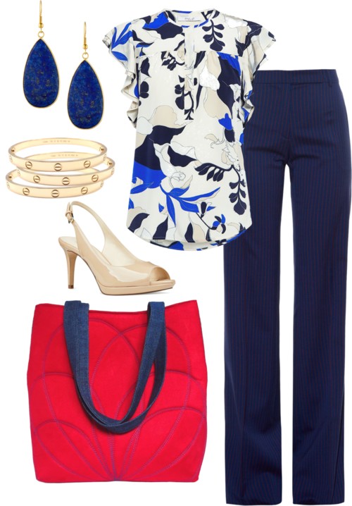 the persephone tote with navy trousers and a printed blouse