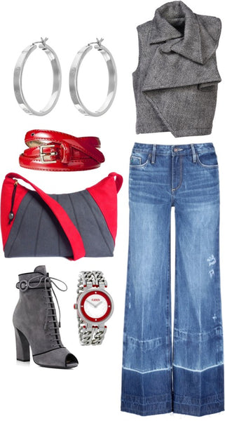 the sibyl bag styled with wide leg jeans and a tweed jacket