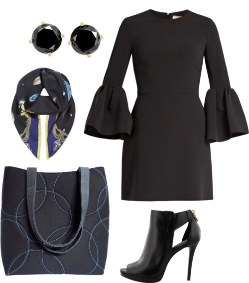 the sofia tote with a black bell sleeved dress