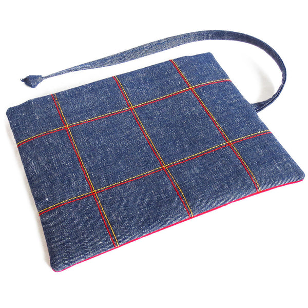 vintage denim watch roll, with stitched plaid design in red and gold